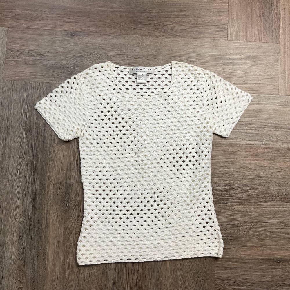 Trina Turk Top Womens Medium Ivory Crochet Open Knit Short Sleeve Boho Resort